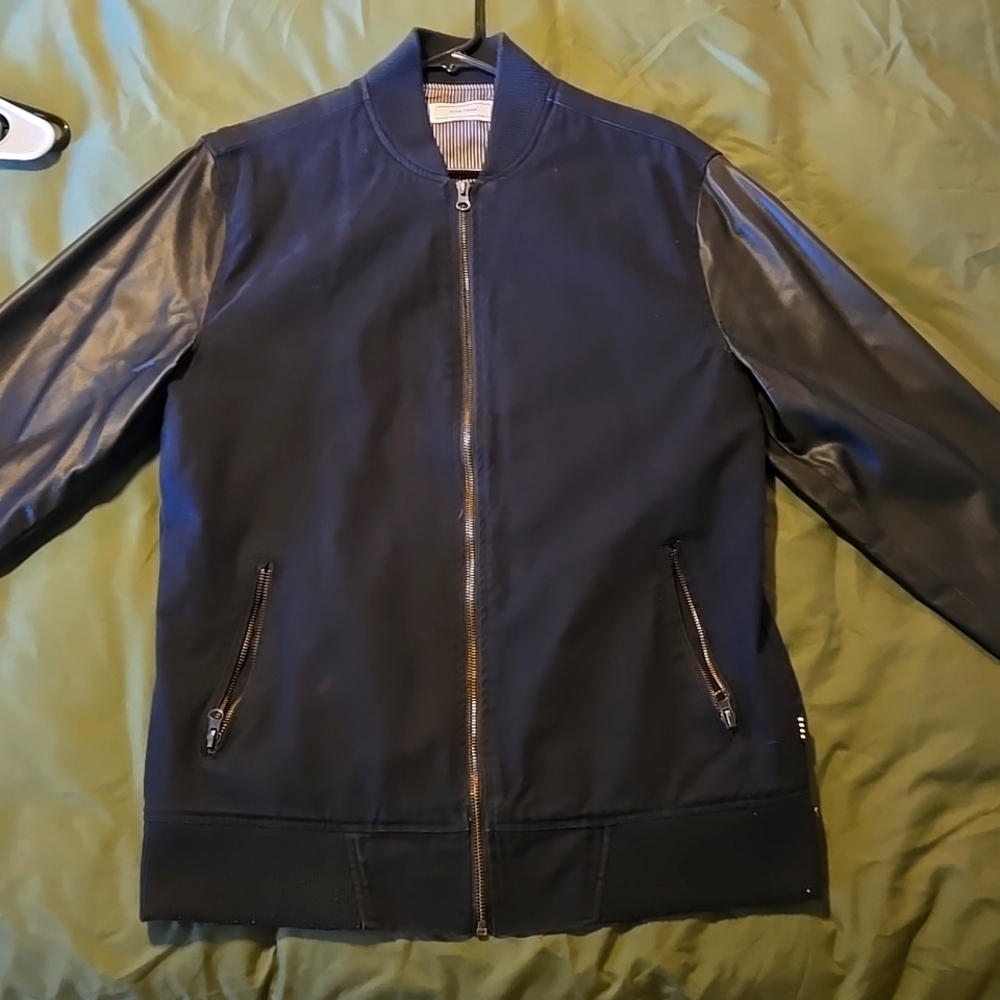 Black with leather sleeves bomber jacket